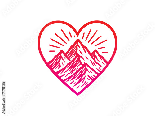 Mountains Inside a Heart logo t-shirt design – Adventure and Passion Line Art Vector