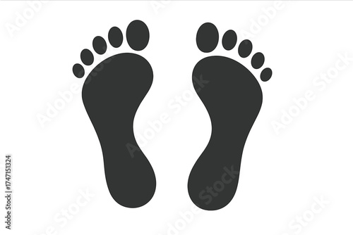 Simple human footprints vector illustration, silhouette of barefoot soles with toes, minimalist foot icon set, black footprint shapes on transparent background, walking steps concept