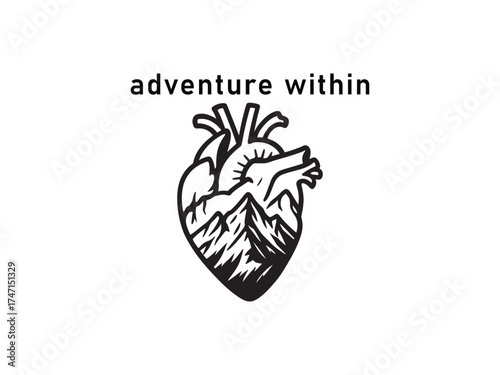Mountains Inside a Heart logo t-shirt design – Adventure and Passion Line Art Vector