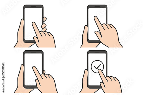 Hand holding smartphone with finger tap gesture set, touchscreen interaction, mobile phone touch icon collection, user interface, app selection concept, vector illustration, transparent background