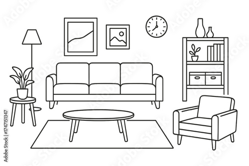 Modern Living Room Interior Vector Illustration with Sofa, Armchair, Coffee Table, Floor Lamp, Bookshelf, Wall Clock, Decorative Vases, and Potted Plants in Minimalist Style, Transparent Background