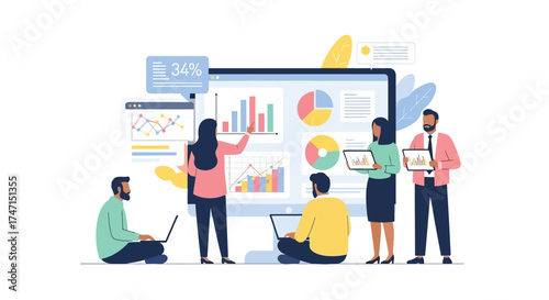 Illustration of business team analyzing data and charts on large screen during presentation meeting