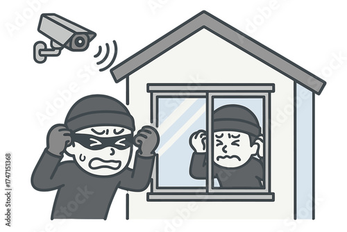 Thief caught by security camera attempting house burglary, worried masked burglar at window, home protection concept, crime prevention, surveillance system vector illustration
