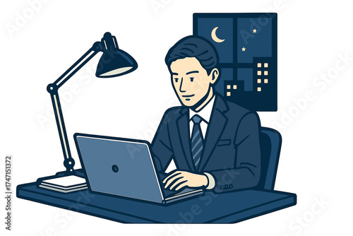 Businessman working late at night on laptop in office with city view window, professional man in suit, night work, corporate office desk lamp modern vector illustration