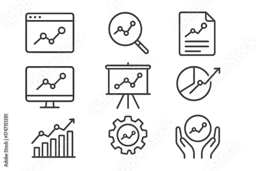 Minimalist vector set of analytics icons with trending graphs, charts, magnifying glass, presentations, settings gear, and data analysis concepts in modern outline style with transparent background