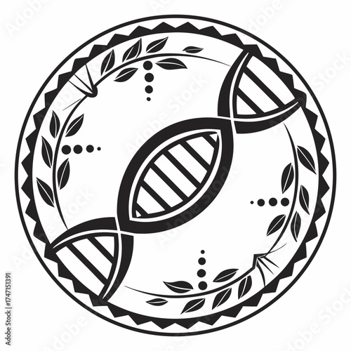 Black dna helix circular emblem with leaves and dots