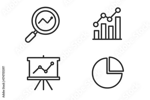Set of business and finance icons with magnifying glass, bar chart, line graph presentation, and pie chart, vector illustration with transparent background, data analytics symbols