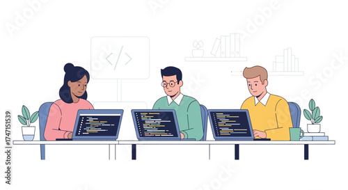 Illustration of diverse team of developers collaborating on coding projects at desks with laptops
