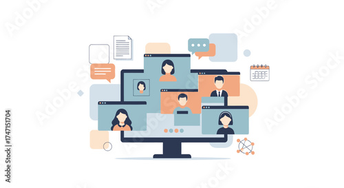 Illustration of diverse team collaborating in virtual meeting on computer screen with video calls