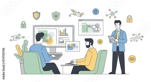Illustration of team of it professionals collaborating on cybersecurity and data management in modern office setting