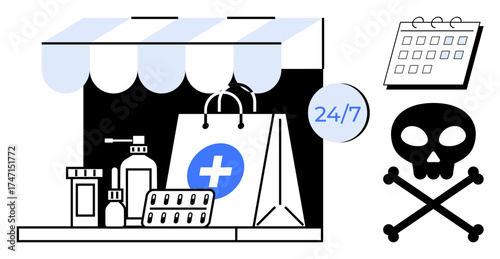 Pharmacy bag, pills, and medicine bottles under a canopy with 247 sign, juxtaposed with calendar and skull motif. Ideal for healthcare, online shopping, availability, urgent needs, pharmaceuticals