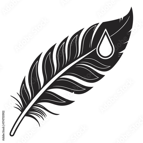 Black feather with white water drop outline logo vector