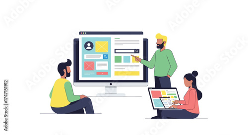 Illustration of team collaborating on web design project with laptops and desktop computer