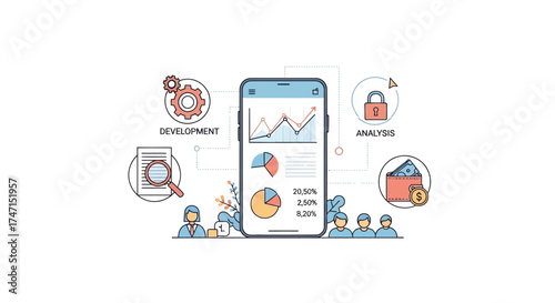 Illustration of mobile app dashboard showing data analytics, development, and user engagement metrics