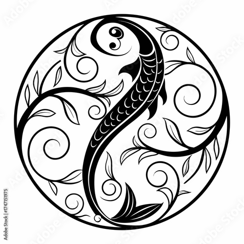 Black fish and swirl ornament on white background yin yang