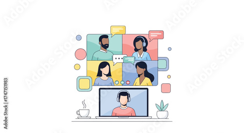 Illustration of diverse team collaborating in virtual meeting with laptop and video call windows