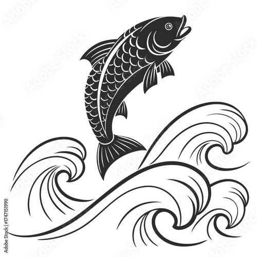 Black fish leaping over stylized waves jumping ocean
