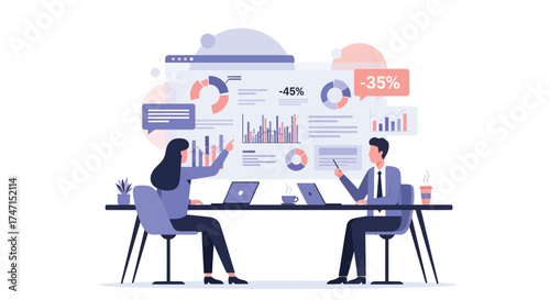 Illustration of business professionals analyzing data and financial charts on laptop during meeting