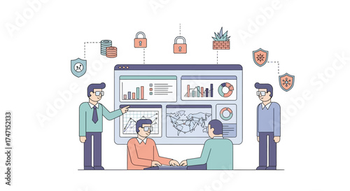 Illustration of business team analyzing data and cybersecurity metrics on large digital dashboard with charts and icons