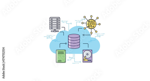Illustration of modern cloud computing and data storage network with servers and database