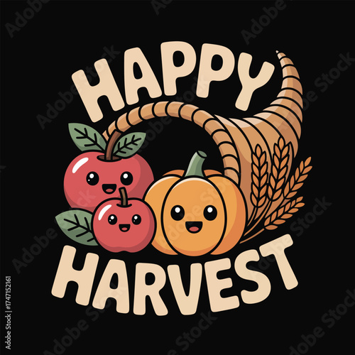 "Happy Harvest" Cute Apples, Pumpkin, and Cornucopia