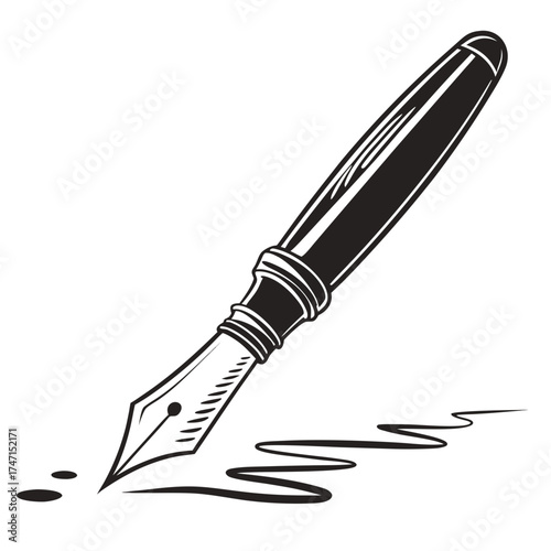 Black fountain pen drawing wavy line and dots writing