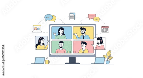 Illustration of diverse team engaging in virtual meeting on computer screen with chat icons