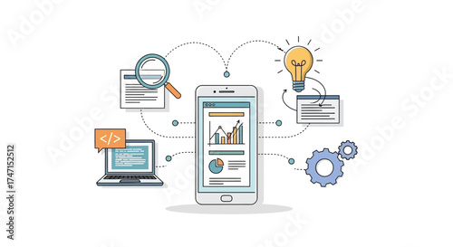 Illustration of digital technology and data analytics concept with smartphone, laptop, and icons