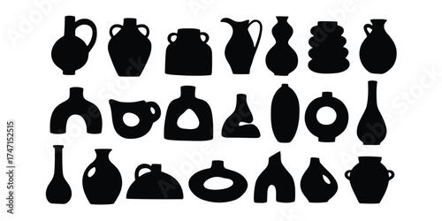 vase, pottery, ceramic, silhouette, object, container, jug, amphora, pitcher, jar, bottle, decorative, art, design, collection, set, graphic, isolated, white background, modern, abstract, organic, sha