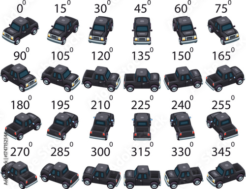 A set of 24 cartoon pickups from different angles. Rotation of the pickup truck in game style by 15 degrees for animation.  