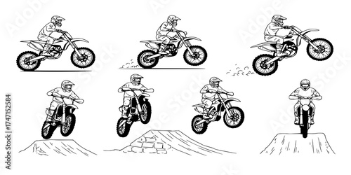 Set of motocross rider overcoming obstacles, black and white vector illustration
