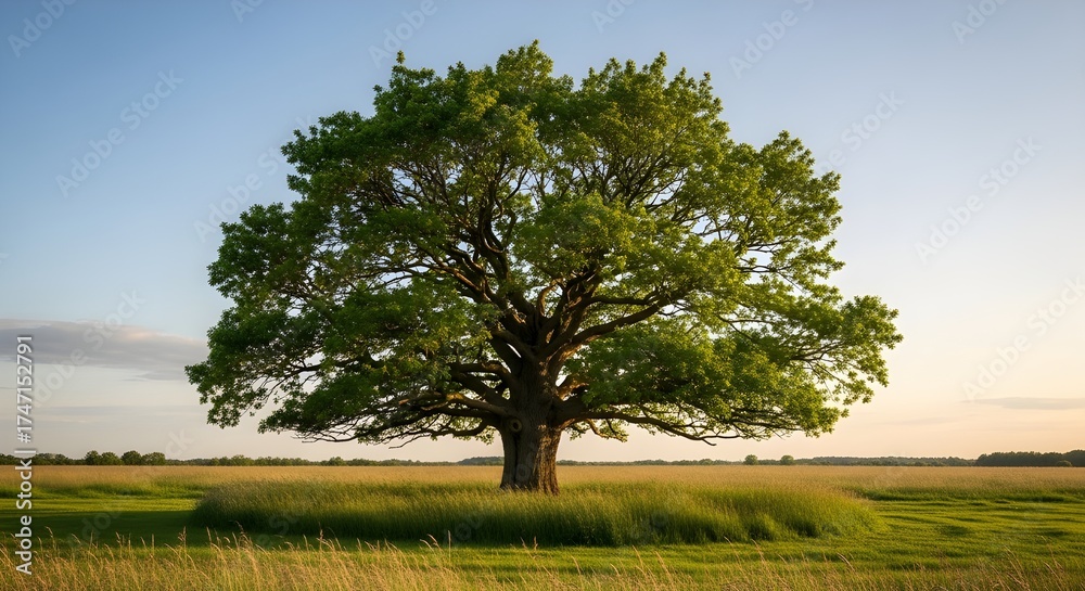 Obraz premium Majestic ancient oak tree stands tall in a golden sunlit field, its lush green canopy reaching towards a clear blue sky, symbolizing nature's enduring strength and beauty.