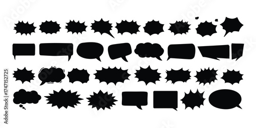 communication, dialogue, rounded, representing, set, messages, various, text, background, chat, starburst, shapes, explosion, bubble, cloud, visual, empty, miscellaneous, angular, vector, collection, 