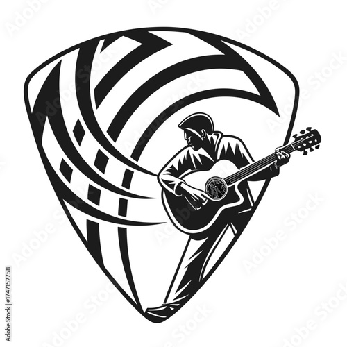 Black guitar pick abstract logo with musician playing guitar