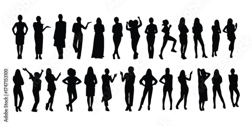 silhouette, woman, female, person, people, figure, pose, standing, dancing, gesturing, fashion, style, body, outline, black and white, group, collection, diversity, movement, active, casual, formal, e