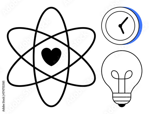 Heart inside an atom surrounded by orbit paths, accompanied by a clock and lightbulb. Ideal for concepts of science, creativity, time management, innovation, inspiration, love, simple flat metaphor