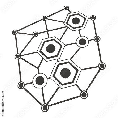 Black hexagonal and circular network nodes connected by lines