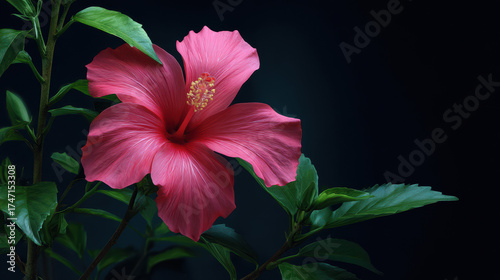 A vibrant pink hibiscus flower blooms beautifully against a dark background, showcasing its delicate petals and intricate stamen in exquisite detail, creating a serene image.