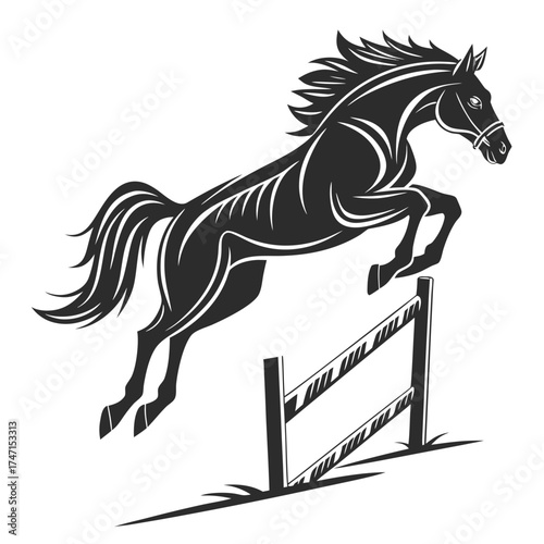 Black horse jumping over obstacle graphic equestrian