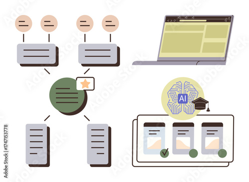 Flowchart with interconnected nodes, laptop screen, AI icon with education cap, systemized checklist. Ideal for automation, AI, education, task planning, digital workflow decision-making simple