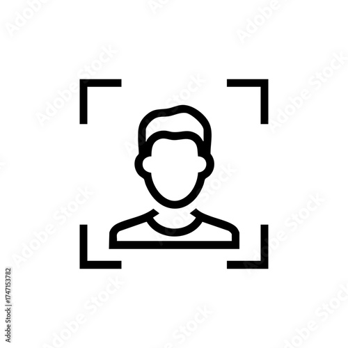 Male face recognition icon with outline style. Concept represents biometric scanning for identification or security. Vector symbol for app, web design