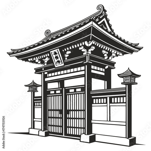 Black Japanese temple gate with lanterns and white background