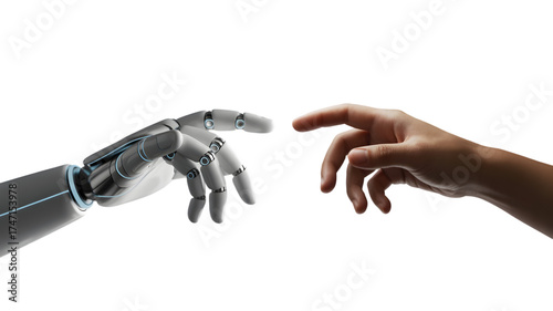 Human hand reaching out to touch a robot hand isolated on white background, concept of future technology