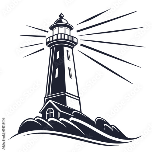 Black lighthouse with light rays on white background