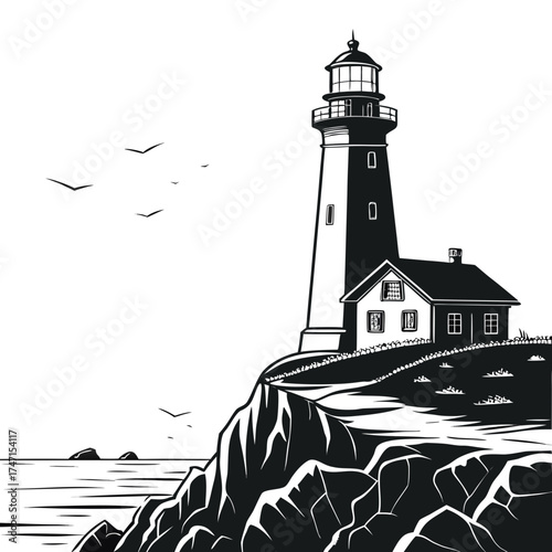 Black lighthouse on rocky cliff with seagulls and ocean