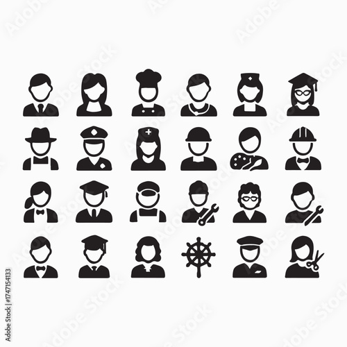 Collection of diverse professional occupation icons representing various careers and jobs