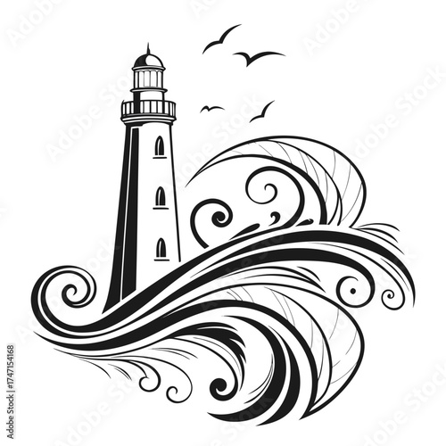 Black lighthouse with swirling waves and birds abstract