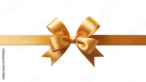 Closeup of a shiny golden ribbon tied in a bow, isolated on white background, perfect for gift wrapping and decoration
