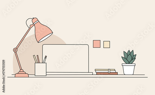 Creative design vector art of a minimalist illustration of a desk with a lamp, stationery, and a potted plant, evoking a sense of calm and productivity
