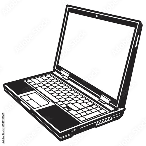 Black open laptop silhouette on white background computer 1